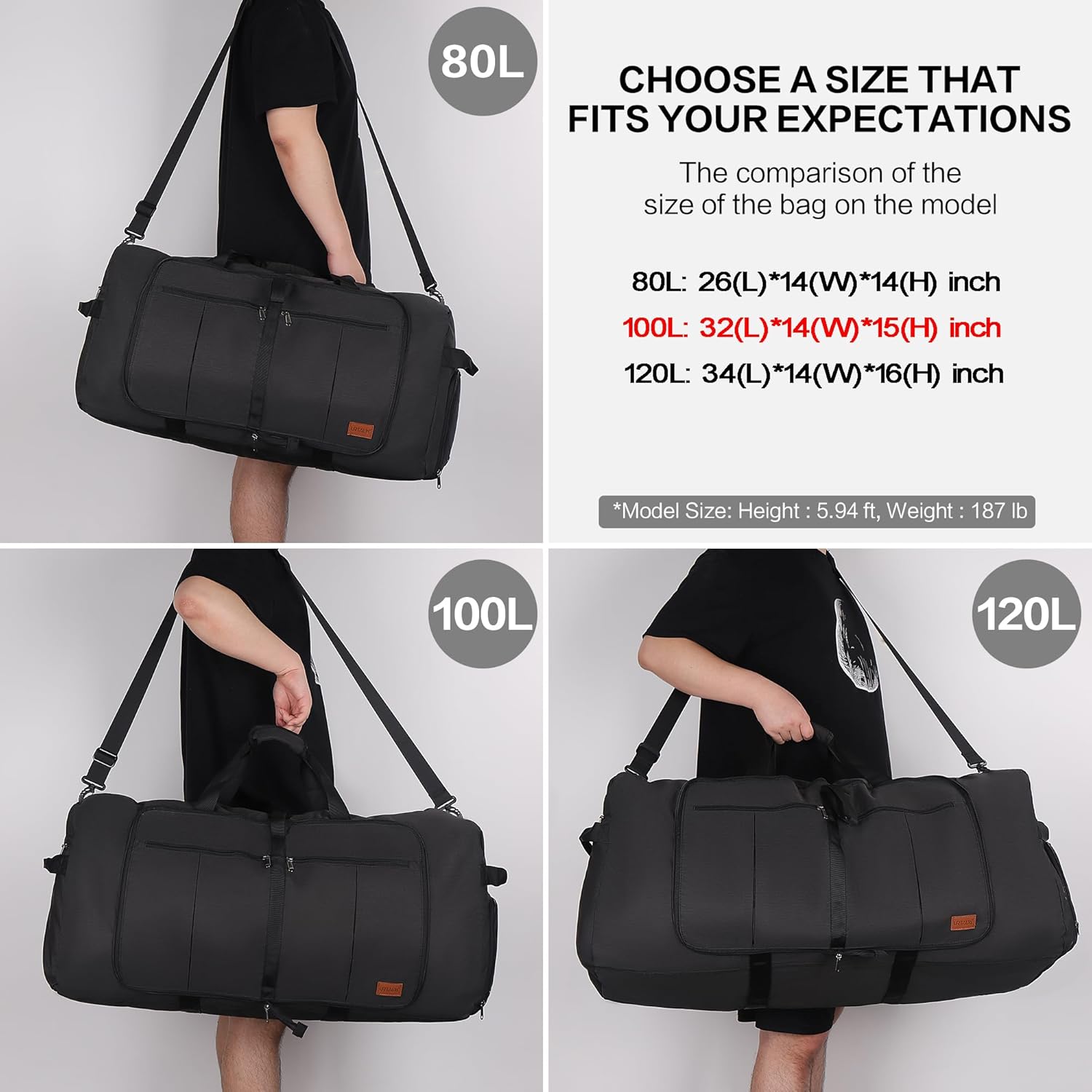 100L Travel Duffle Bag for Men, Urtala 32” Large Duffle Bag for Traveling with Shoe Compartment, Foldable Travel