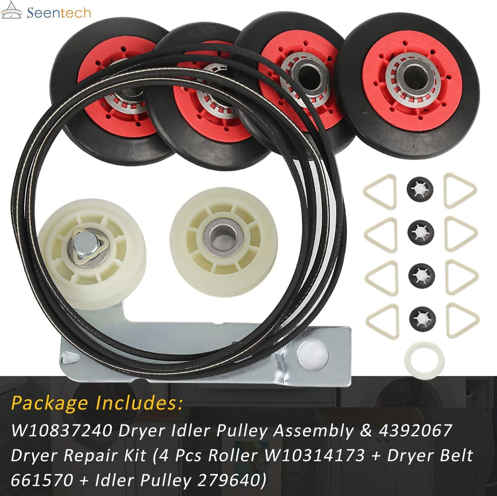 UPGRADED 4392067 Dryer Repair Kit & W10837240 Dryer Idler by Seentech, Includes WPW10314173 Drum Rollermm,661570V