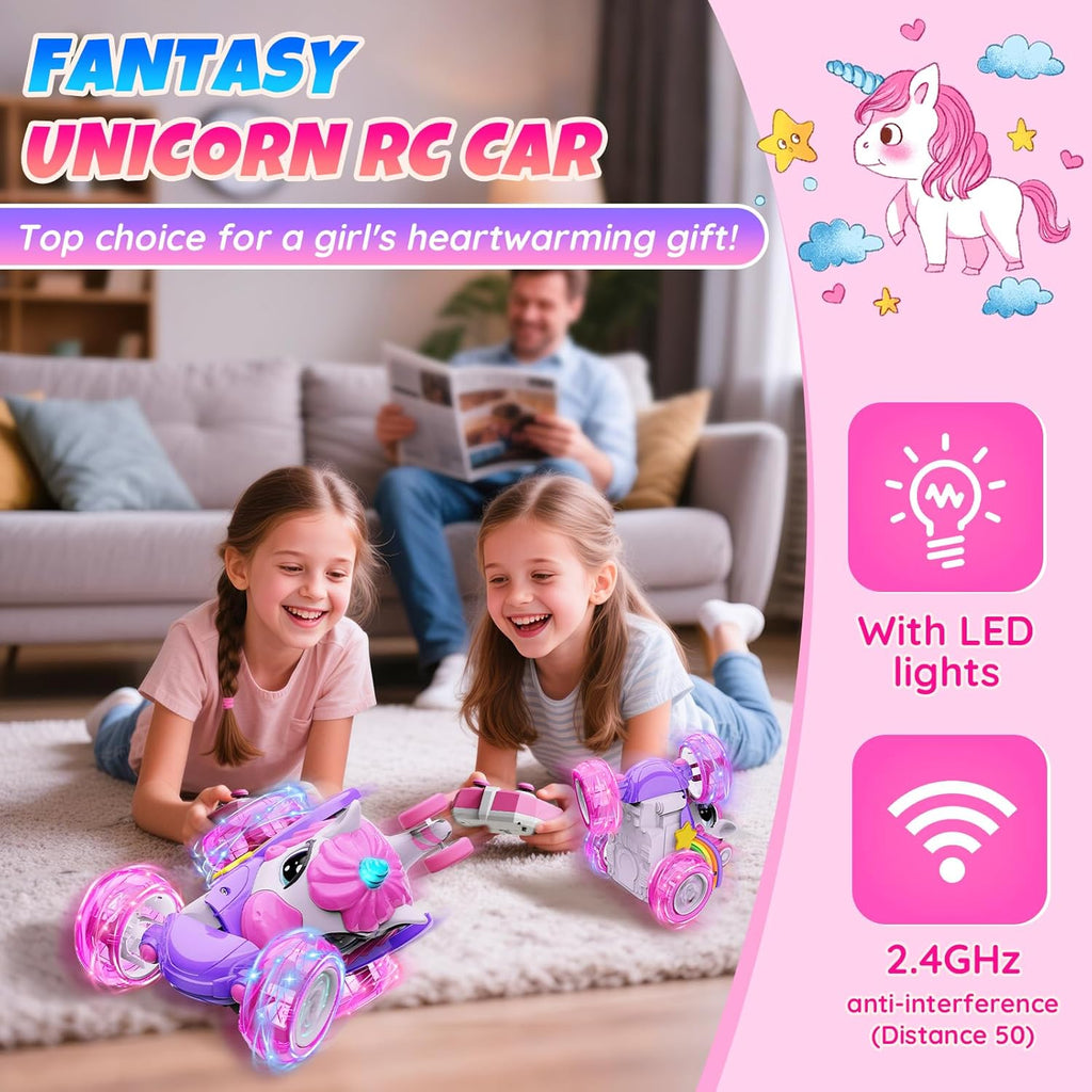 Unicorn Remote Control Car Toys for Girl - 360° Rotating Pink RC Stunt Cars 4WD Remote Cars for Kids, 2.4GHz Toy Car