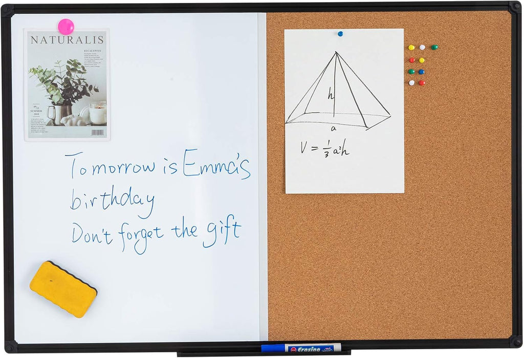 36 x 24 Inch Cork & Dry Erase Combo Board - Magnetic Whiteboard & Bulletin Board Combination - Hanging or