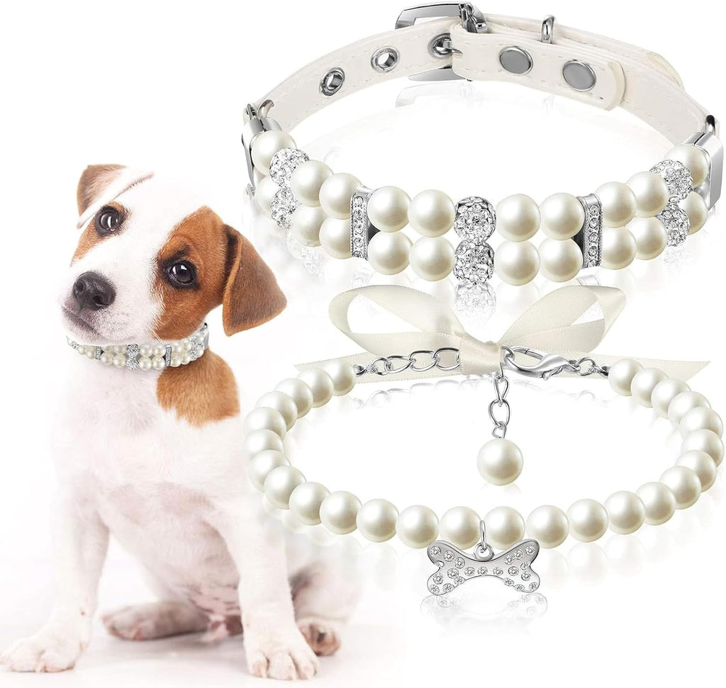 2 Pcs Pet Dog Pearl Collar and Necklace Set, White, M