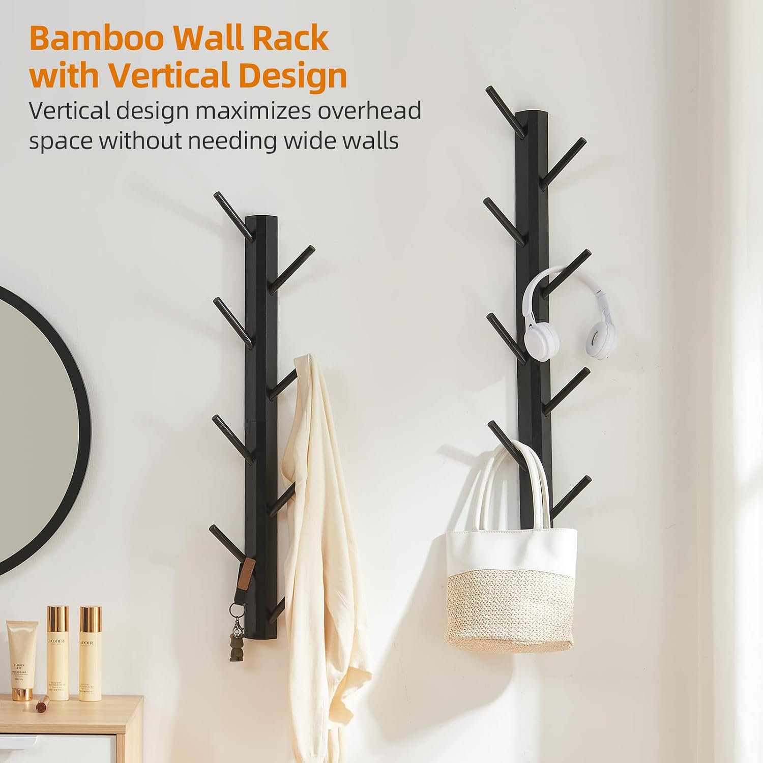 2 Pack Coat Rack Vertical Wall Mount, Bamboo Coats Hooks Clothes Holder Hanger for Wall Coat Hat Jacket Clothing