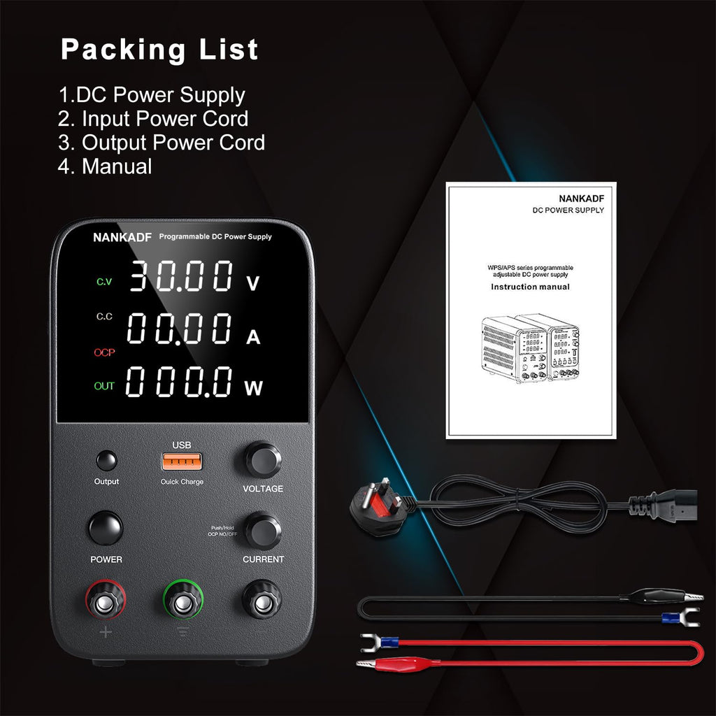 DC Power Supply Variable, Bench Power Supply with Encoder Adjustment Knob, Output Enable/Disable Button, Adjustable Power Supplies with USB Quick-Charge, Short Circuit Alam (30V 10A Black)