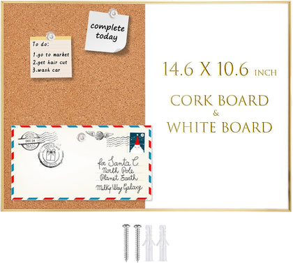 Cork Board White Board Combo, Small Size 10.6" x 14.6" Magnetic Dry Erase Board/Bulletin Combination Board, Gold