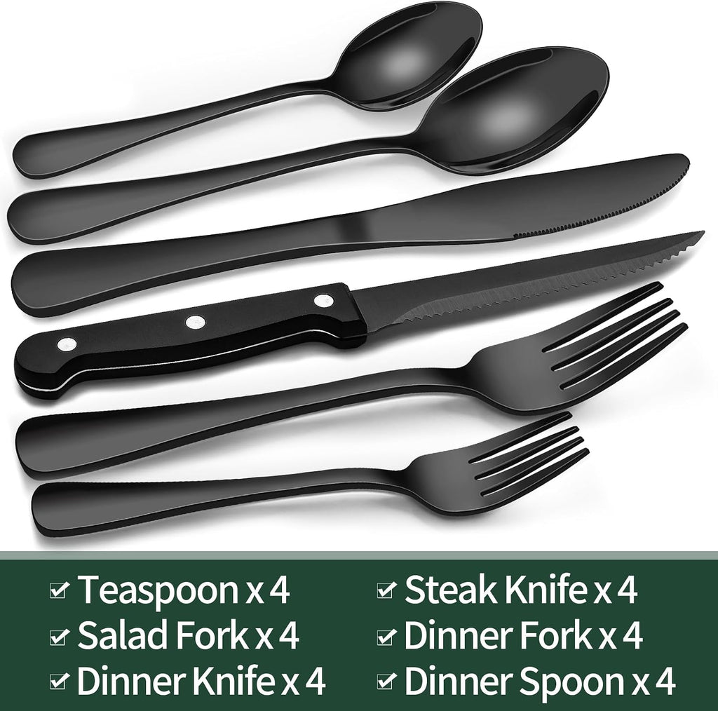 24-Piece Black Silverware Set with Steak Knives, Black Flatware Set for 4, Food-Grade Stainless Steel Tableware