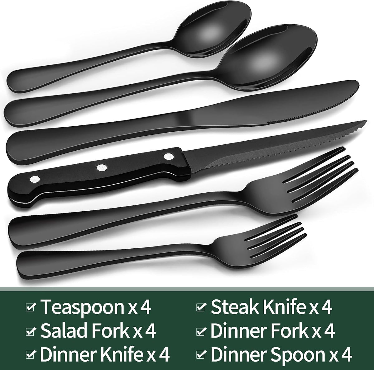 24-Piece Black Silverware Set with Steak Knives, Black Flatware Set for 4, Food-Grade Stainless Steel Tableware
