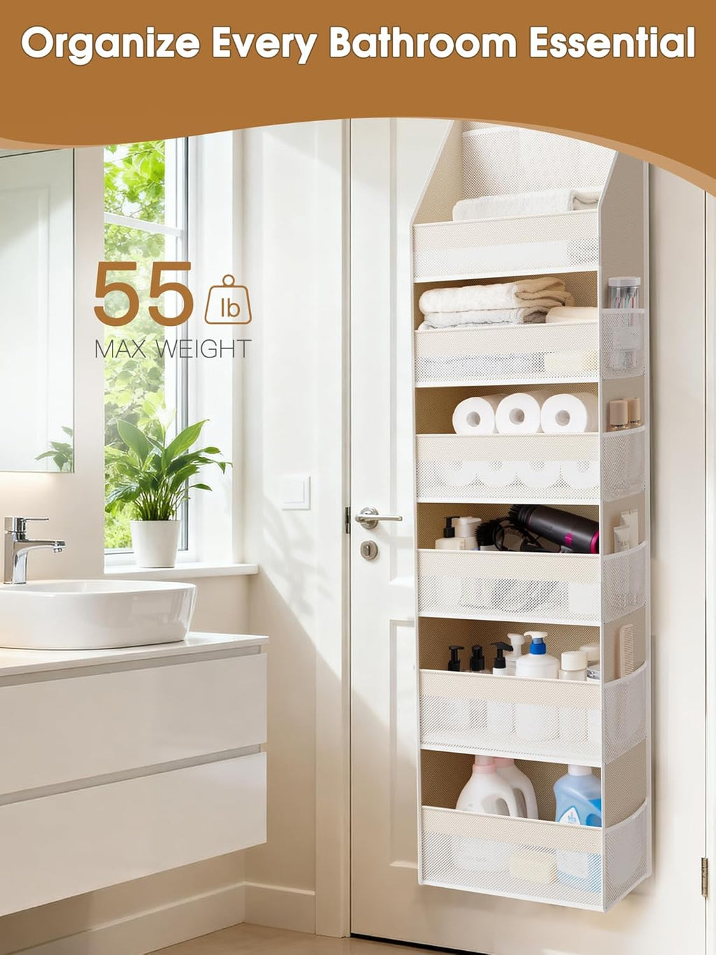 Over the Door Organizer, 6-Shelf Closet Hanging Storage with 13 Mesh Pockets, 55lbs Capacity Behind the Door Storage