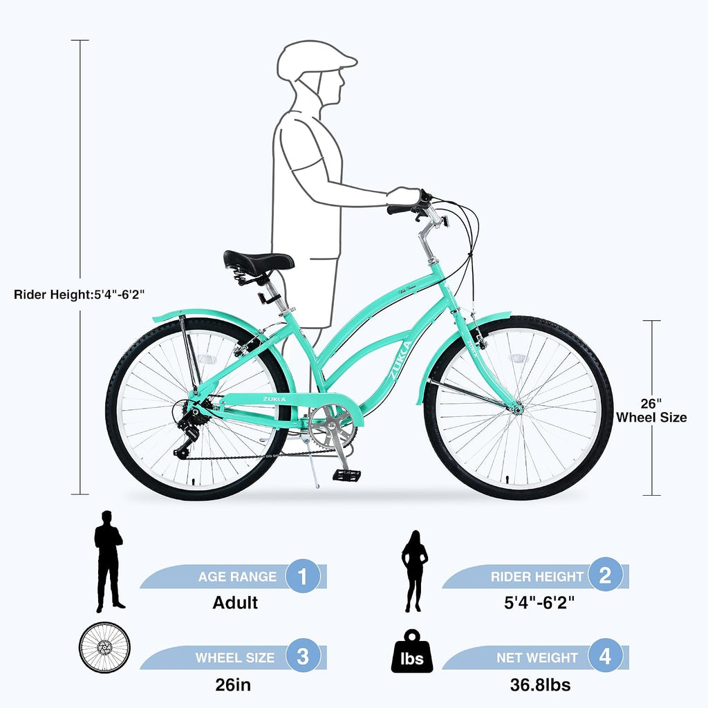 Beach Cruiser Bike 26inch Wheel Bike 7 Speed Driven System V-Brake Comfortable Commuter Bike for Women Men Senior
