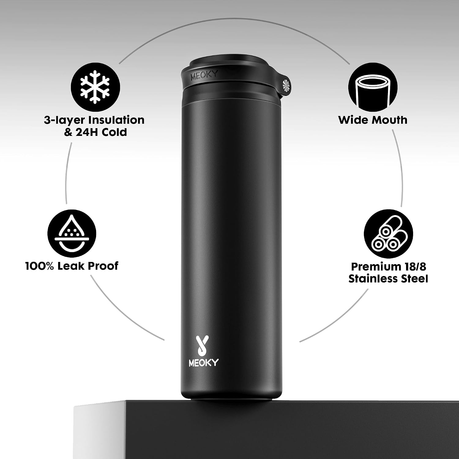 24 oz Insulated Water Bottle: Flip-to-Pop Straw, Leak Proof, 24H Cold, Fits in Car Cup Holder, Wide Mouth, BPA-Free