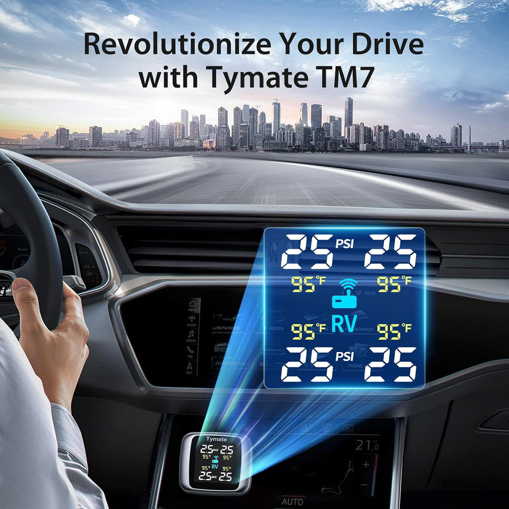 TM7 RV Tire Pressure Monitoring System, TPMS Set of 4 Sensors | Max. 5 Tires Info Monitoring, Wireless, 6 Alarm
