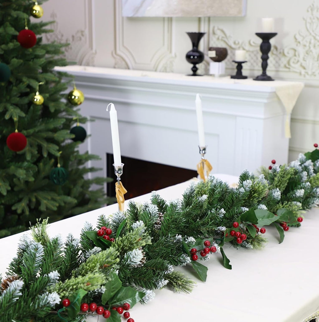 9ft Lighted Christmas Garland with Lights for Mantel | Artificial Flowering Pine Garland ,Faux Green Christmas Winter