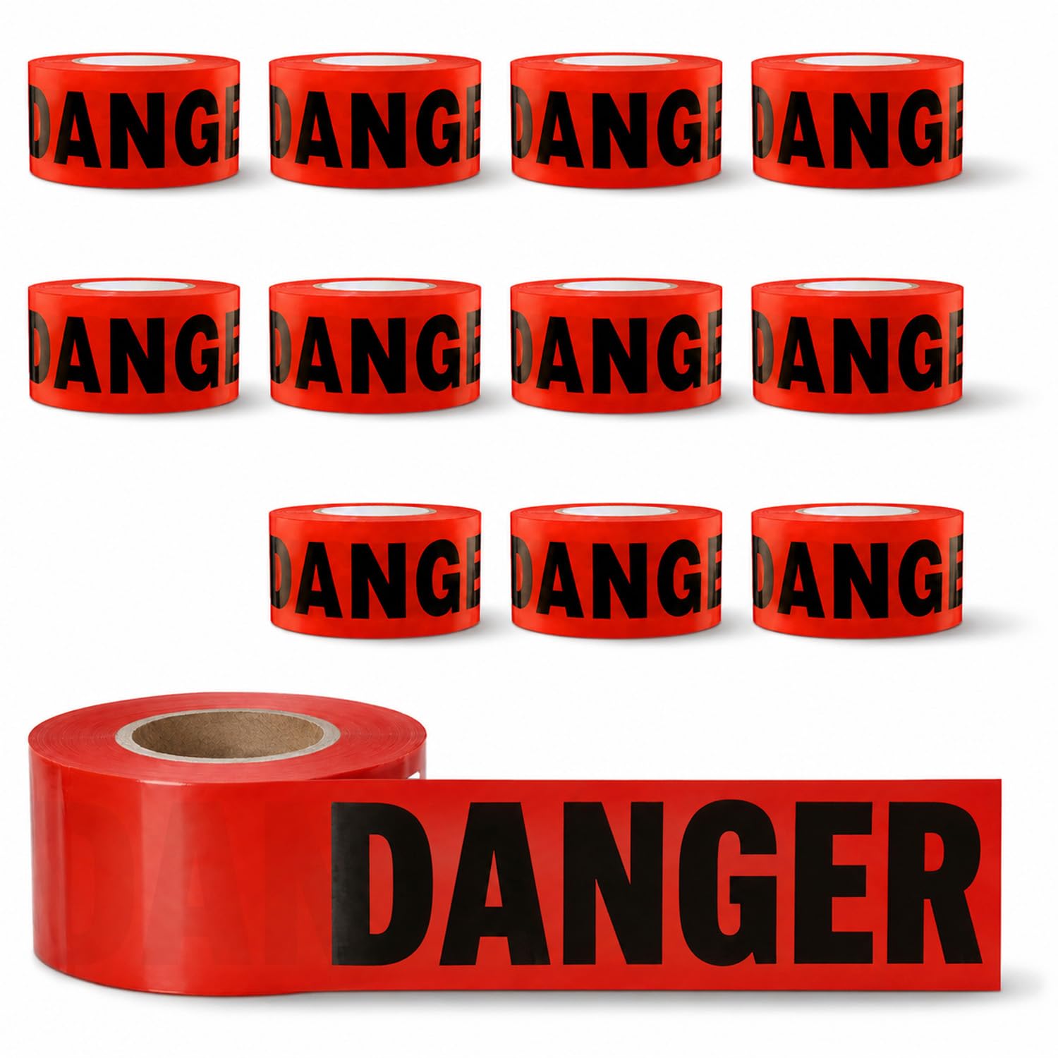 Red Barricade Tape Roll, 12 Rolls x1000ft, 3" Wide Non-Adhesive Tape | Red Danger Tape Roll for Contruction, Hazards