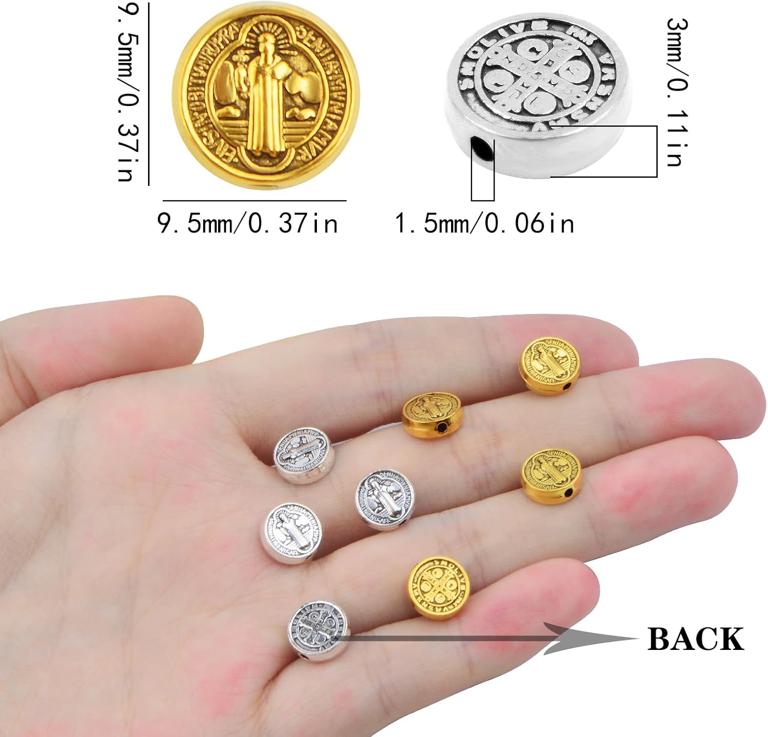 100pcs 9.5 mm Round Double-Sided Jesus Cross Spacer Beads Catholic Saint Benedict Beads Religious Loose Beads for DIY