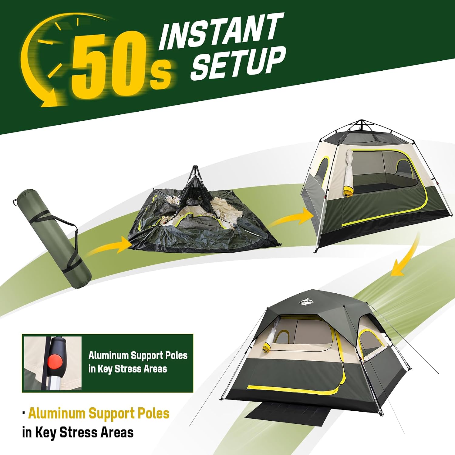 4 Person Instant Tents for Camping Setup in 50s, Cabin Tent with Rainfly | Waterproof Windproof Camping Tent, Double
