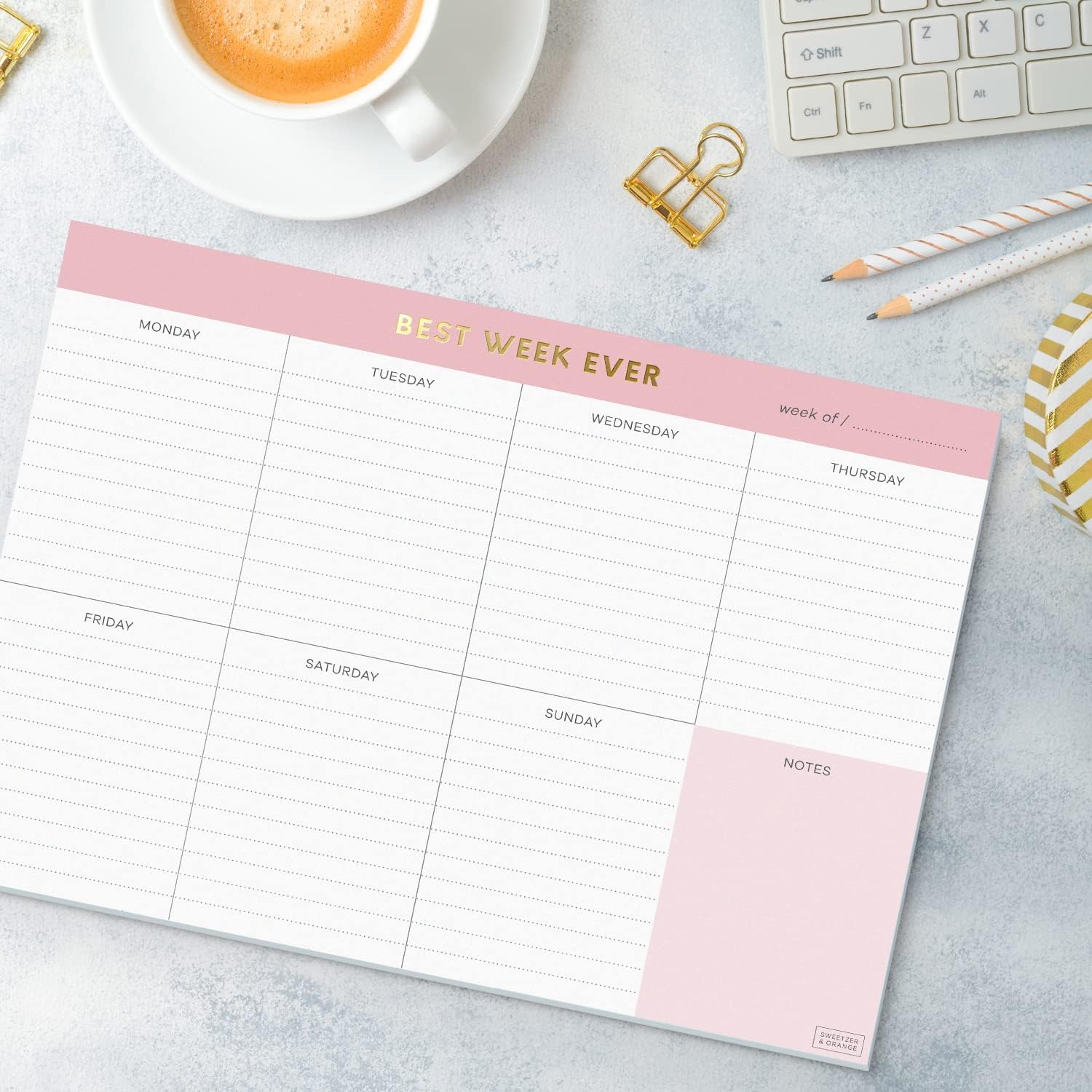Weekly To Do List Pad. Gold Foil 7 days Planner with Daily Roadmap Agenda Squares. 7x10” Day Workbook 2026 - Student