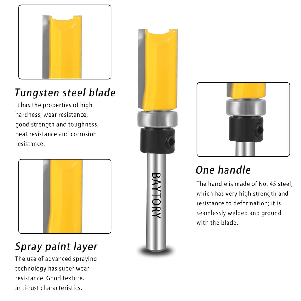 Professional Pattern Flush Trim Router Bit Set with 1/4 inch Shank | 4Pcs 1/2" Cutting Diameter Carbide Bits with Top