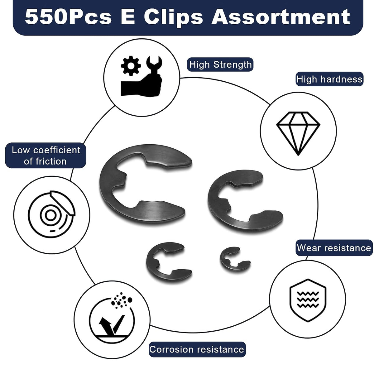 ZQZ E Clips Assortment Kit (M1.5-M15), 550 Pcs External Retaining Rings Set
