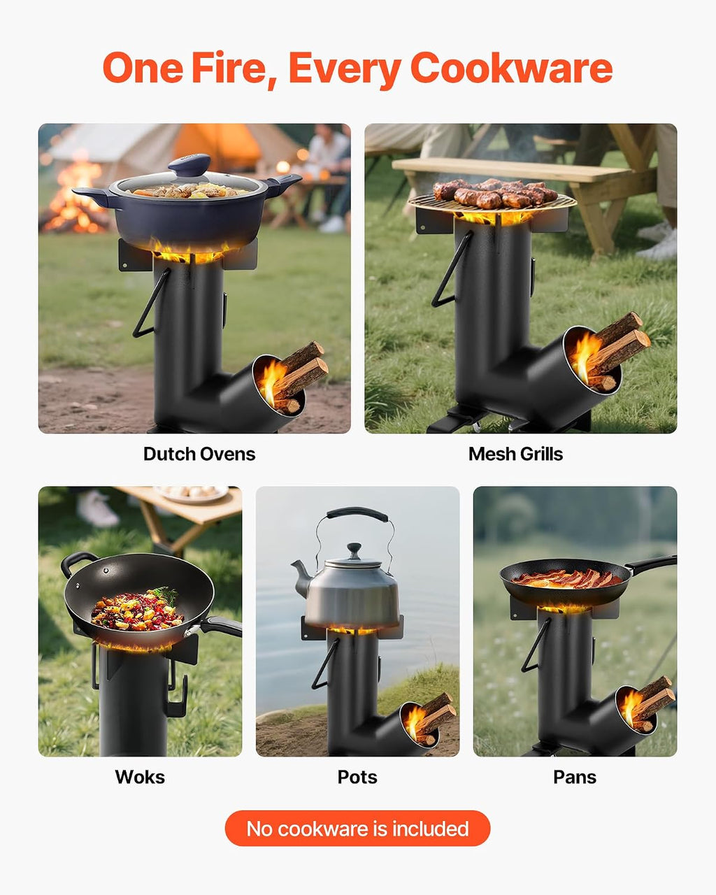 Camping Rocket Stove, Wood Burning Portable Rocket Stove with Carrying Bag for Backpacking, Carbon Steel, Burn Wood