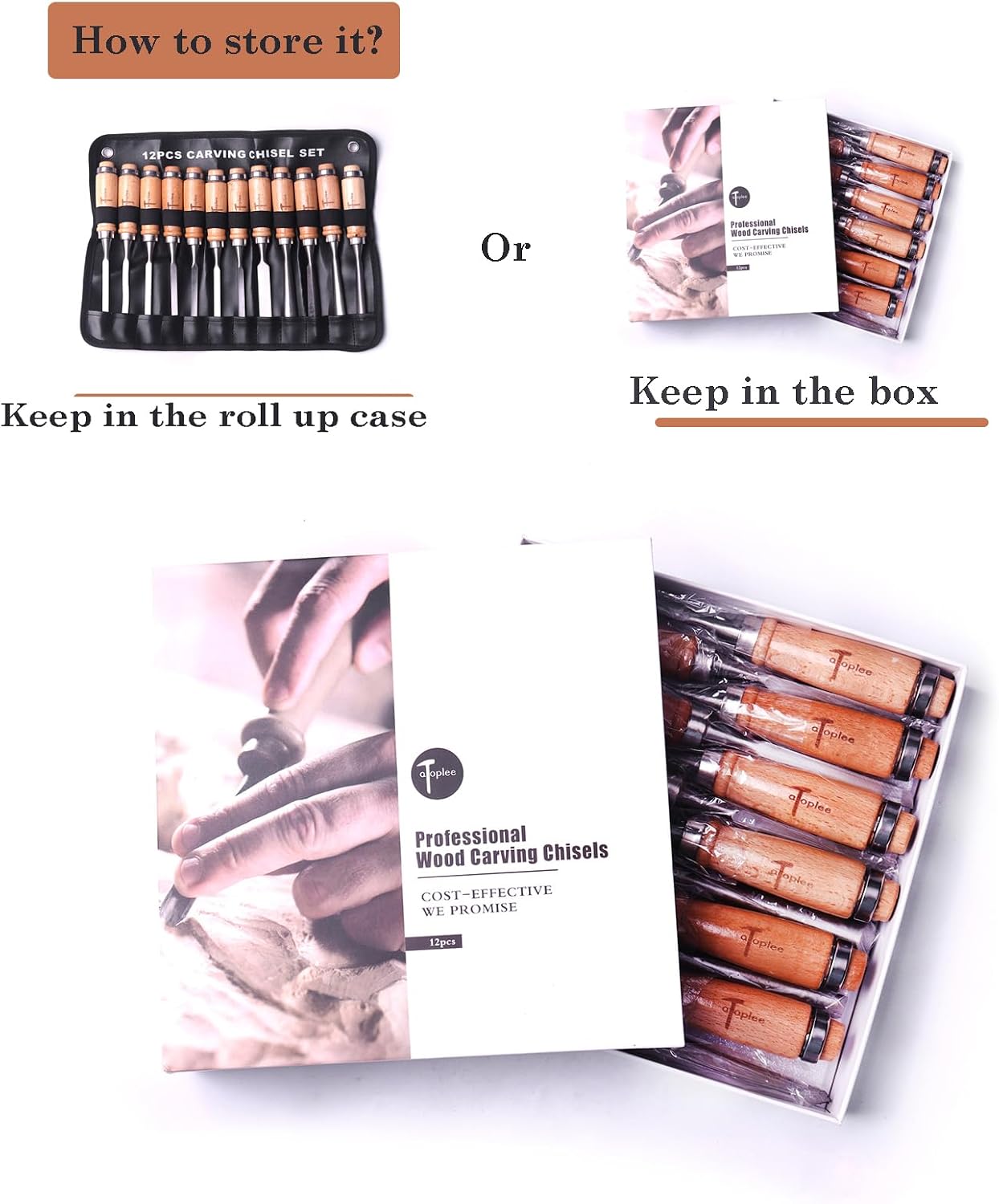 12pcs Wood Carving Chisel Set for Woodworking, Professional Wood Gouge Tools with Box and Roll Up Bags for Carpenter