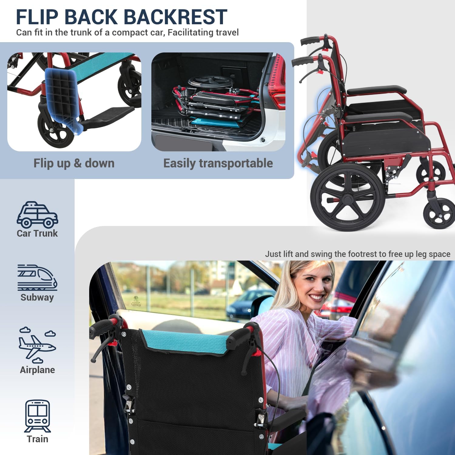 Folding Transport Wheelchair, 17.5 inch Seat for Adult, Blue