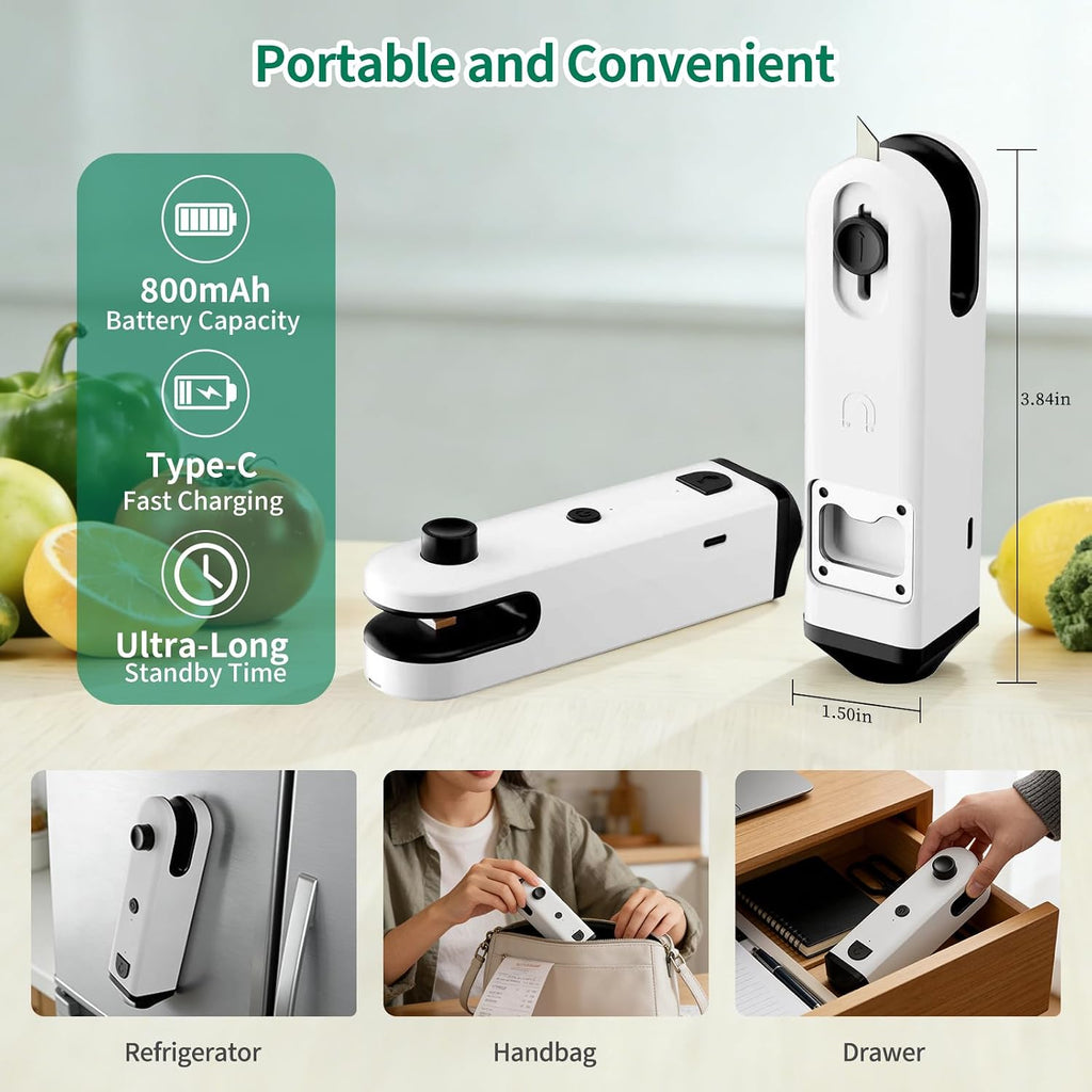 Mini Bag Sealer with Cutter and Magnet – 5-in-1 Rechargeable Handheld Heat Sealer with Bottle Opener, LED Flashlight