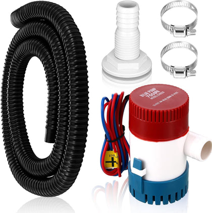 Lounsweer 1-1/8 Inch Boat Bilge Pump Plumbing Kit 12v 750gph Electric Boat Bilge Water Pump 6 ft Kink-free Flexible PVC Hose 2 Pcs Hose Clamps Thruhull Fitting for Marine Ponds Pools (Black)