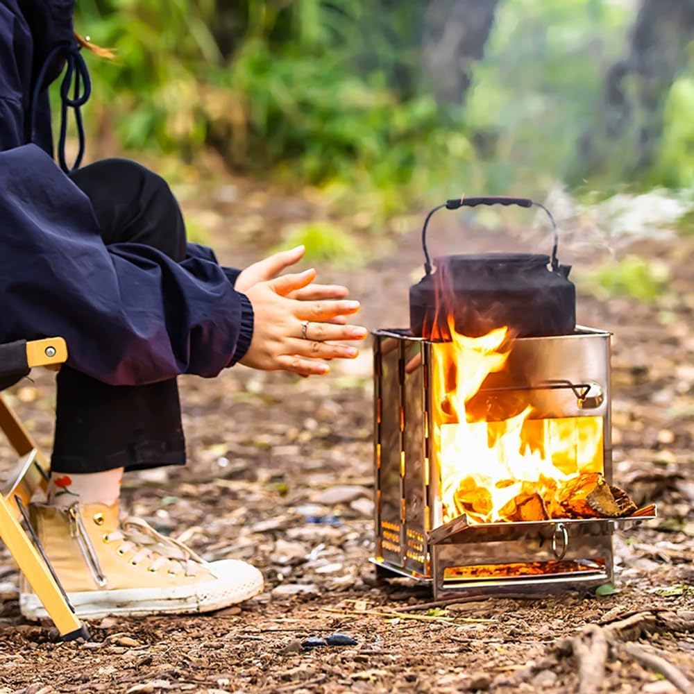 Wood Burning Folding Camp Stove Stainless Steel Grid, Portable Collapsible Backpacking Stove Survival Rocket Stove