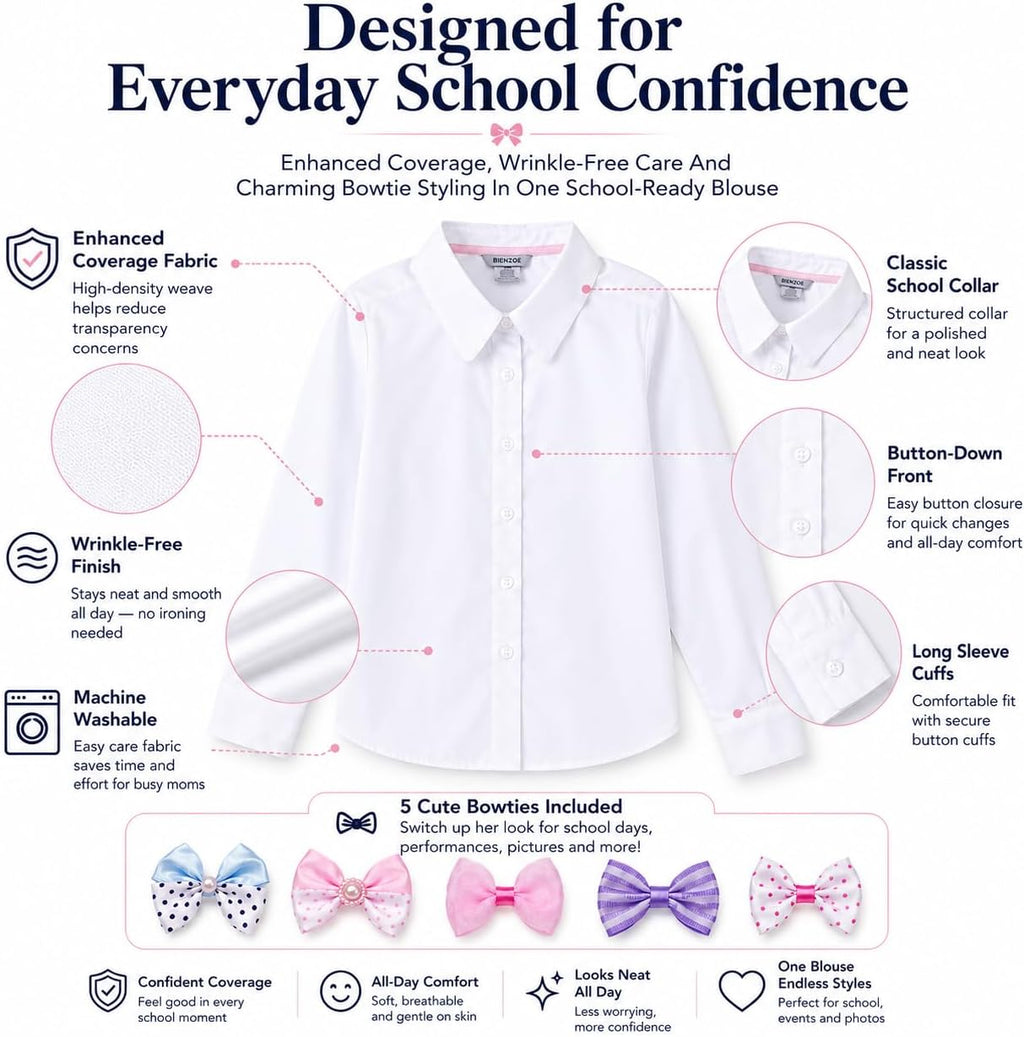 White Wrinkle-Free Girls Shirt: School Uniform Bowtie | Long Sleeve Button Down Dress Blouse, Collared Cotton Oxford