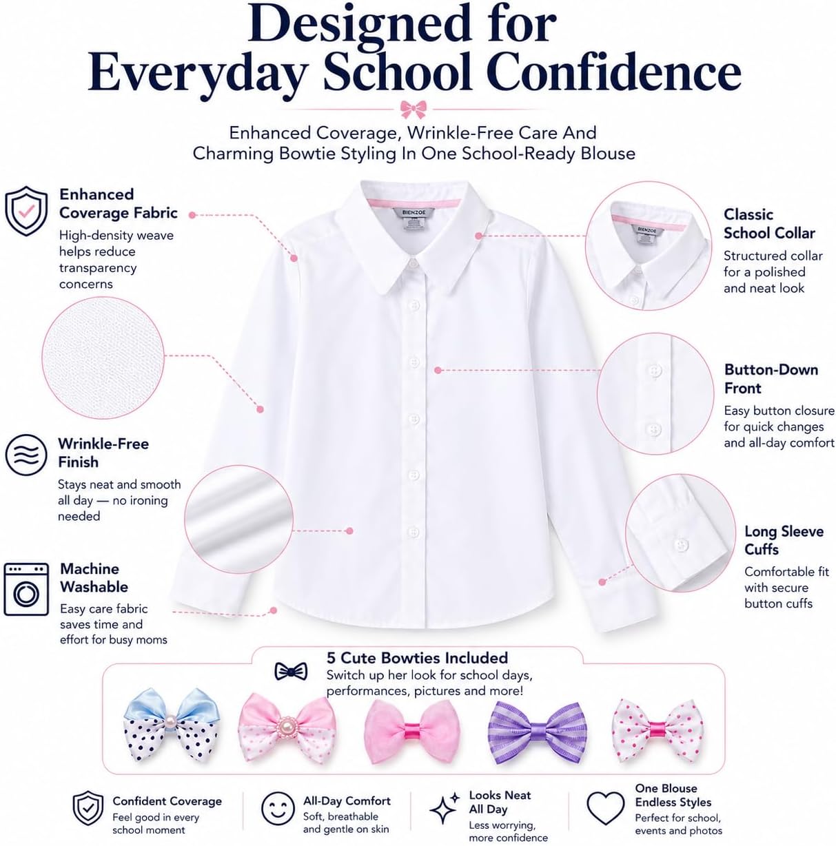 White Wrinkle-Free Girls Shirt: School Uniform Bowtie | Long Sleeve Button Down Dress Blouse, Collared Cotton Oxford