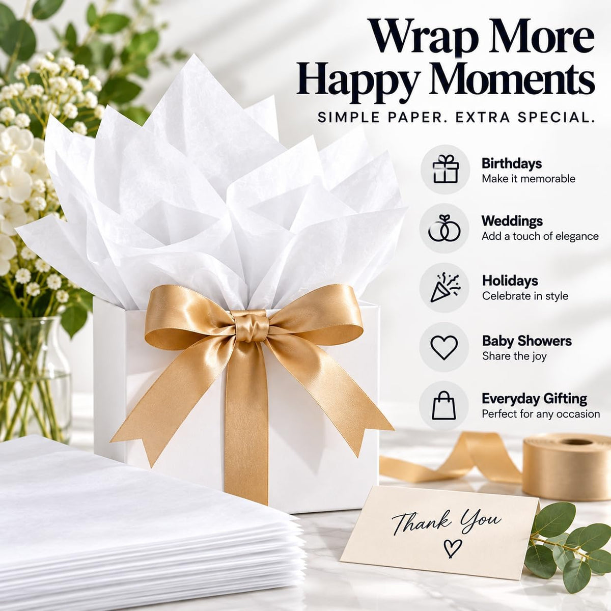 White Tissue Paper, 100 Sheets, 15 x 20 Inches, Gift Bags & Wrapping