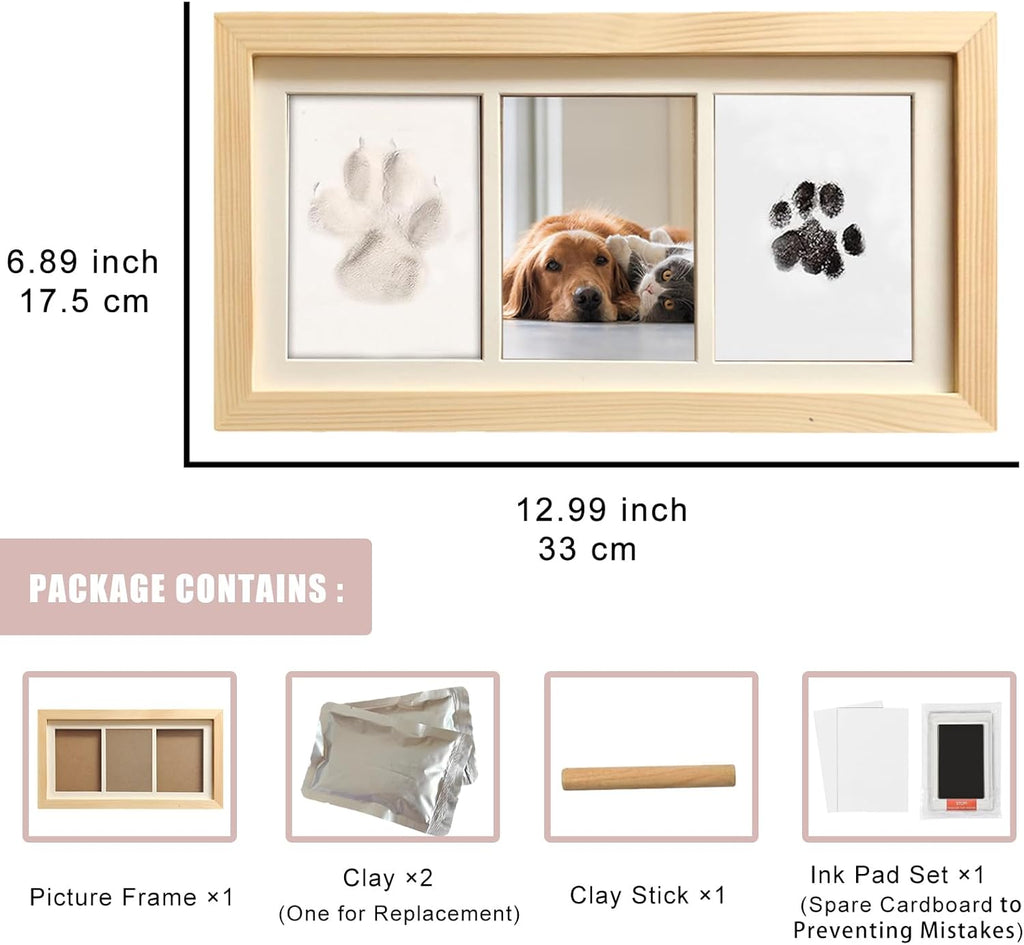 Paw Print Impression Kit for Dogs and Cats, 2 Clay, Large Ink Pad, Wooden Picture Frame, Pet Memorial Keepsake, Gift