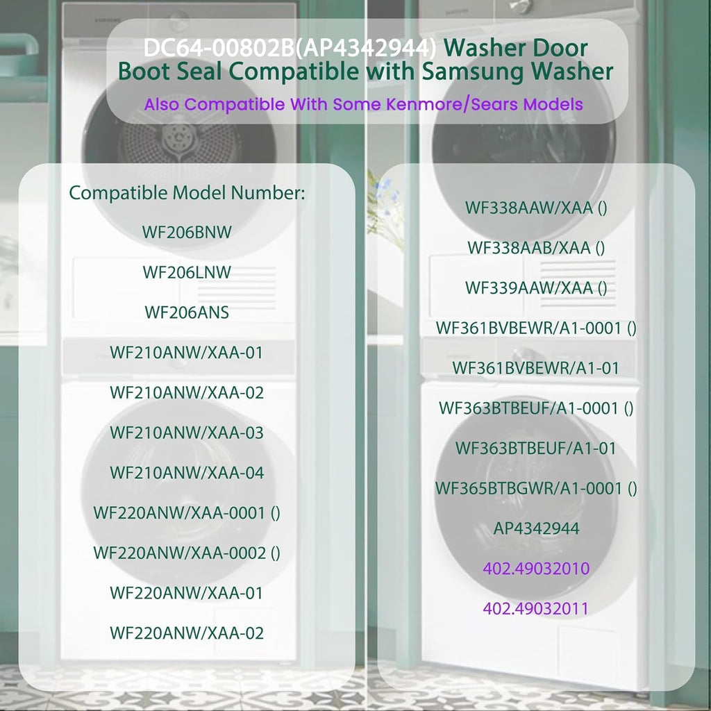 DC64-00802B Washer Door Boot Seal Gasket – Compatible Replacement for Samsung Front Load Washers WF220ANW/XAA, WF338AAB/XAA, WF339AAW/XAA, WF361BVBEWR/A1, Replaces PS4210921, AP4342944, 2071562