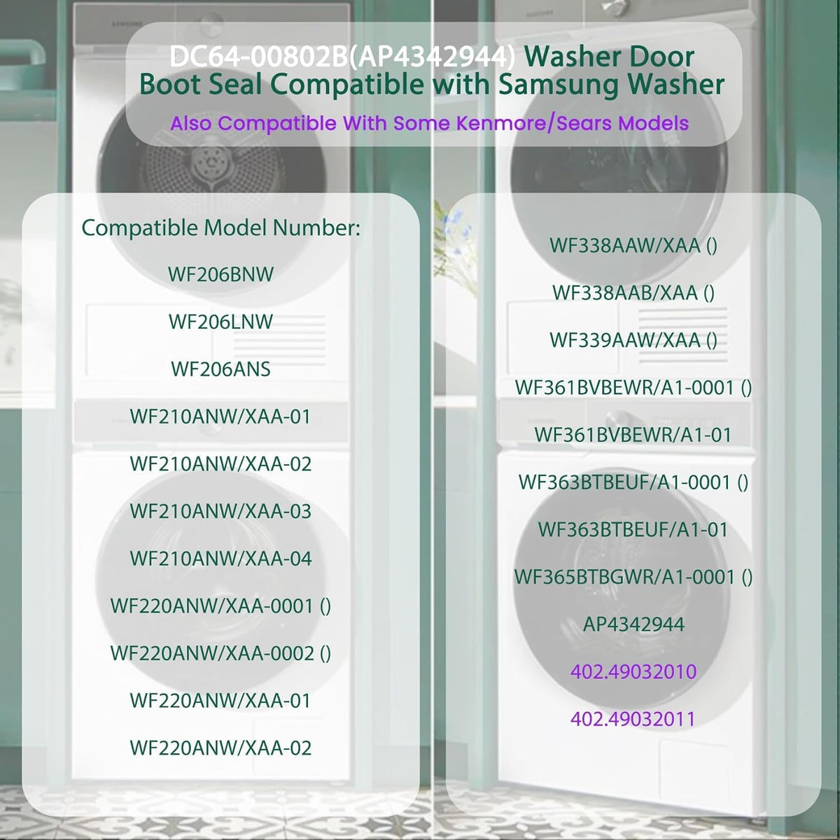 DC64-00802B Washer Door Boot Seal Gasket – Compatible Replacement for Samsung Front Load Washers WF220ANW/XAA, WF338AAB/XAA, WF339AAW/XAA, WF361BVBEWR/A1, Replaces PS4210921, AP4342944, 2071562