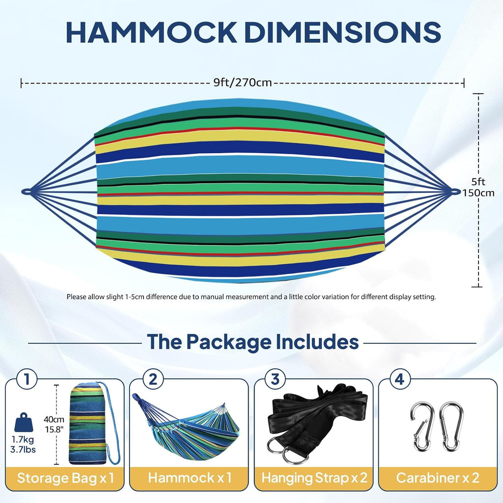 Cotton Camping Hammock Portable with Tree Straps Holds 660lbs | Breathable Weave,Hanging Sturdy Hammocks with Carry