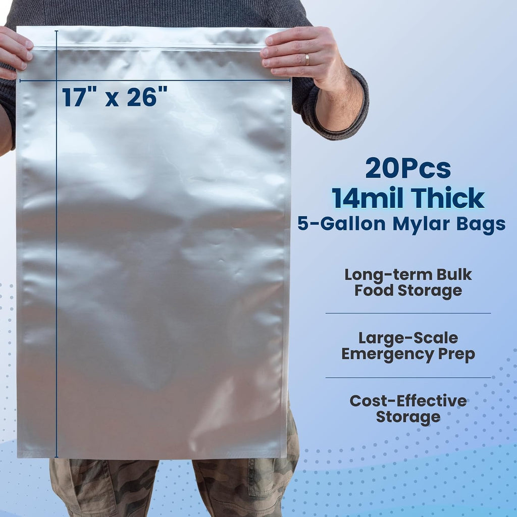 5 Gallon Mylar Bags For Food Storage with Zipper - 20pcs 14Mil Extra Thick For Long Term Storing, Dry Aging & Heat