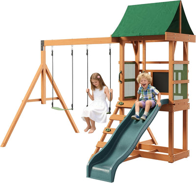 Wood Swing Sets for Backyard - Playground Sets for Backyards, Outdoor Playset with Wave Slide, Play Deck, Rock Wall