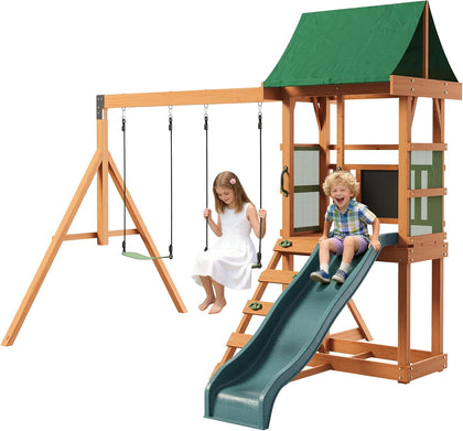 Wood Swing Sets for Backyard - Playground Sets for Backyards, Outdoor Playset with Wave Slide, Play Deck, Rock Wall