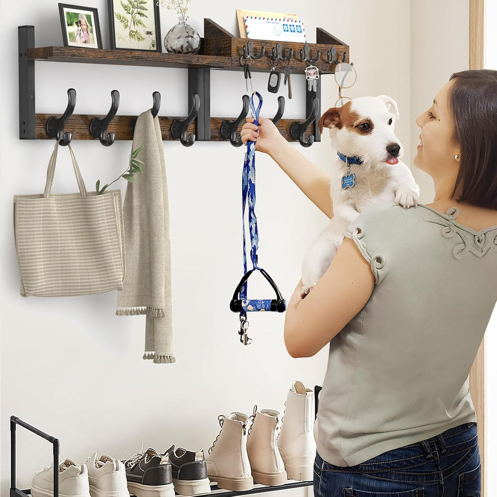 29" Coat Rack Wall Mount with Shelf, 4 in 1 Coat and Key Hanger with 11 Metal Hooks, Entryway Wall Mounted Shelf with