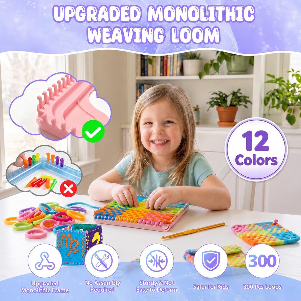 Weaving Loom Kit for Kids, Beginner Craft Kit with 12 Color Loops