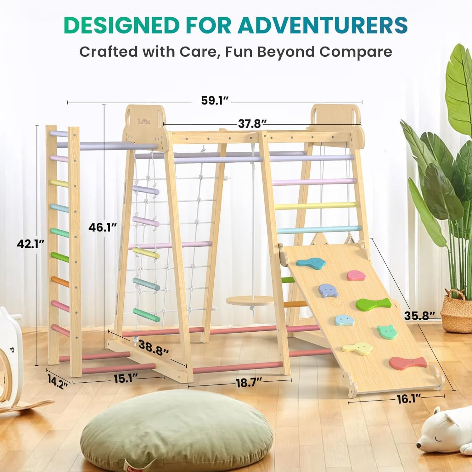 Upgraded Indoor Jungle Gym 9-in-1 Playground Kids Climbing Toys, Waldorf Style Wooden Climber Playset with Slide