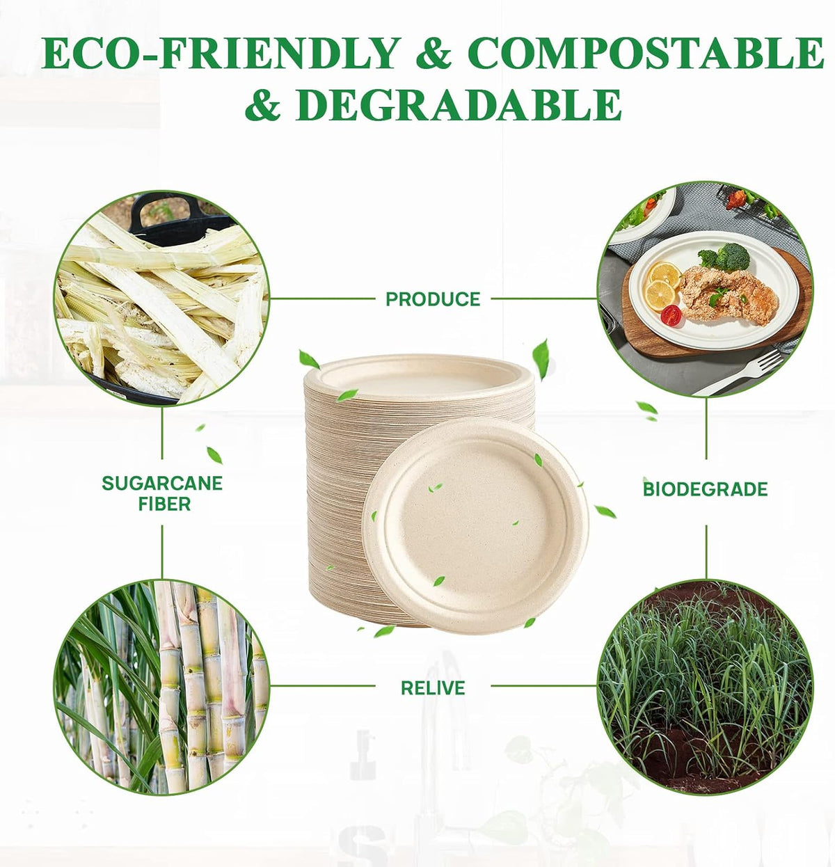 350 Pack Compostable Bagasse Paper Plates 6.9 inch, Nature