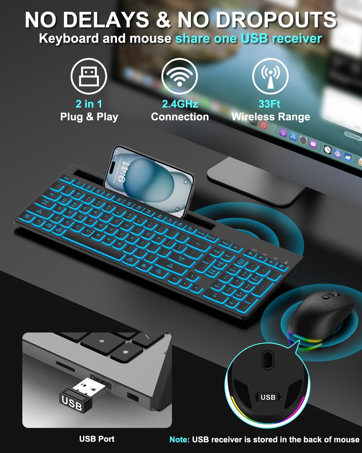 Wireless Keyboard and Mouse Combo, 7 Backlit Effects, Light Up Letters, Rechargeable, Phone Holder, 6 Button Mouse