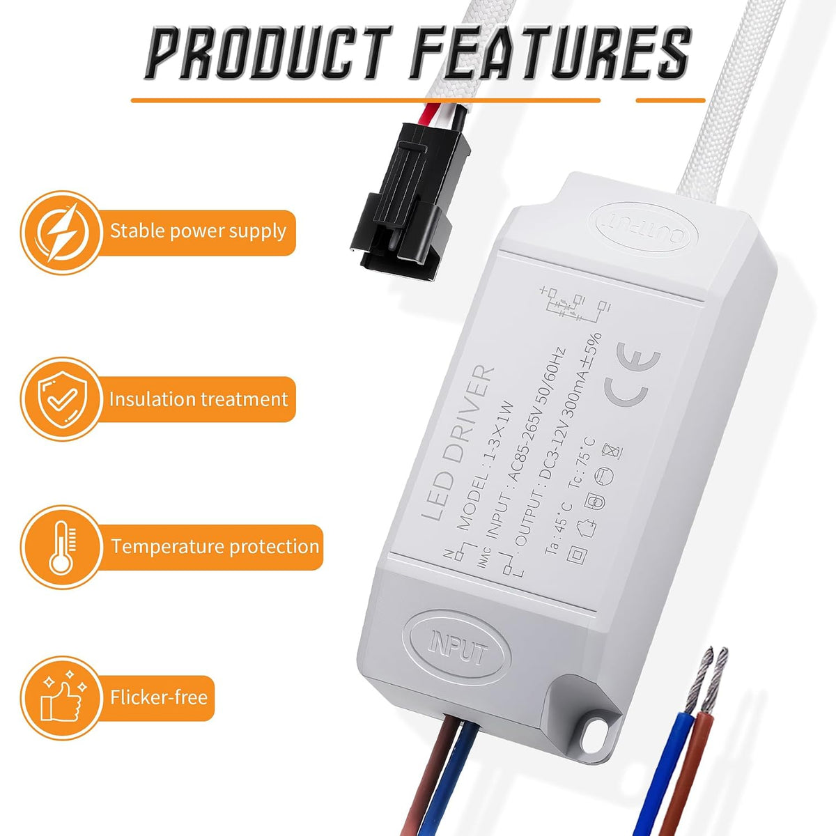1-3W LED Driver, 3-12V DC LED Power Supply, 300mA, Black