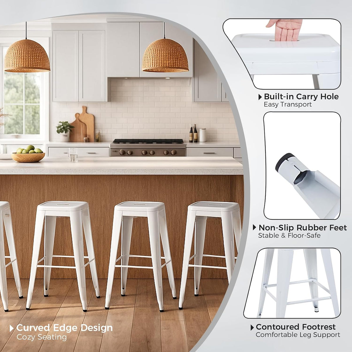 24 Inch White Metal Counter Stools, Set of 6, Backless
