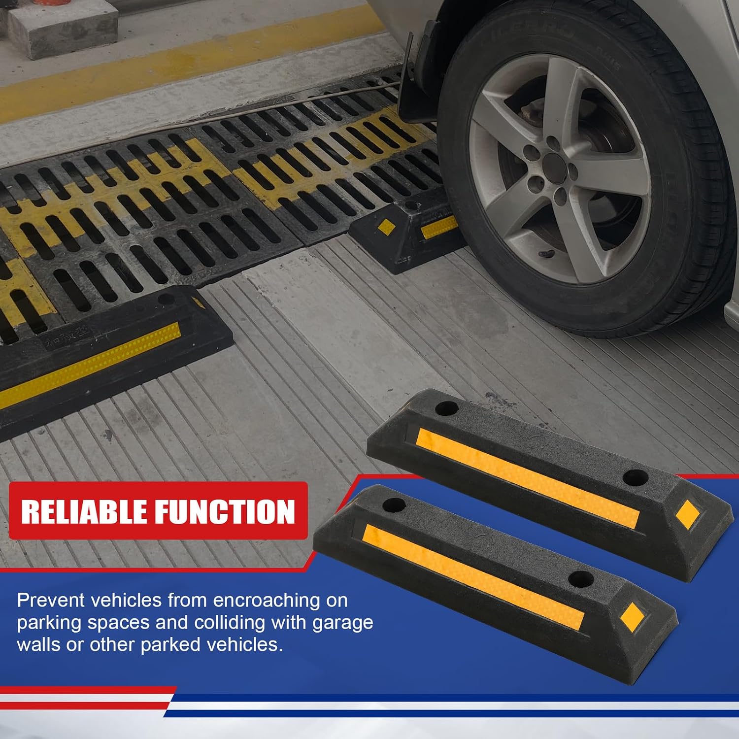 Rubber Parking Curb, Garage Floor Stops 2 Pack | Heavy Duty Wheel Stop Stoppers Vehicle Parking Guide Block with