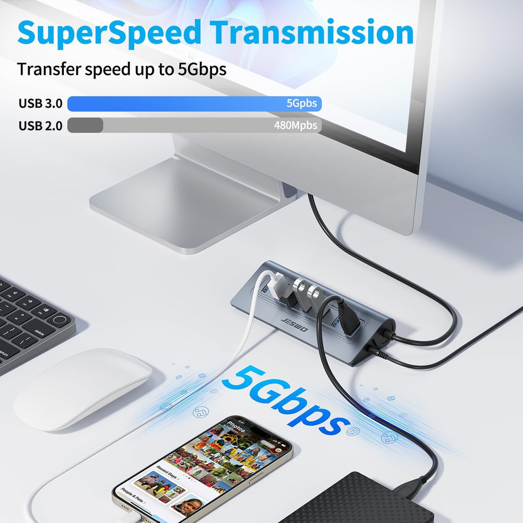 Powered USB Hub, JESWO 7-Port USB 3.0 Hub, Aluminum USB Data Hub with 3.3ft Cable, USB Hub 3.0 Powered with 5V/4A