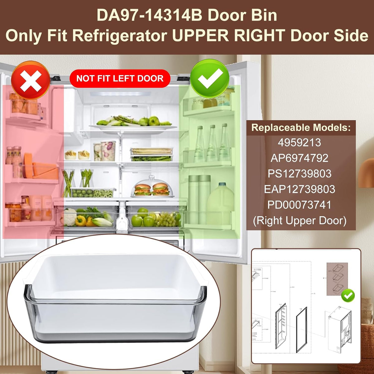 DA97-14314B Door Bin Compatible with Samsung Refrigerator (Right) Door Shelf, Part Number: RF23HCEDBBC, RF23HCEDBSG, RF23HCEDBSR, RF23HCEDBWW, RF23HCEDTSR etc. 1 Year Warranty