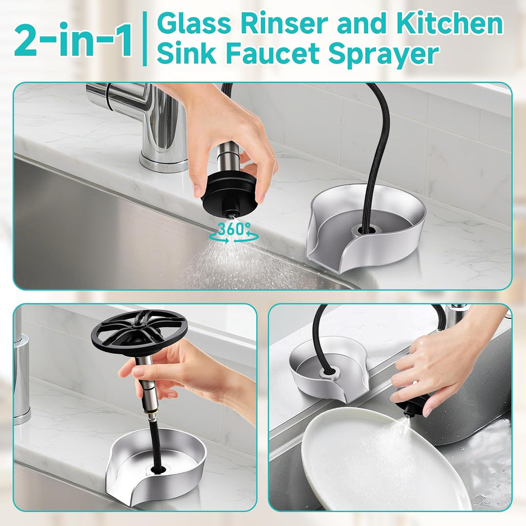 Glass Rinser for Kitchen Sink, High Pressure 360 Degree Rotating Spout Glass Rinser with Pull-out Spray Gun Design