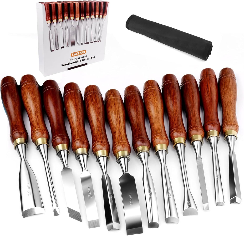 12-Piece Wood Carving Chisel Set - CR-V 60 Steel Multi-Shape Edge Gouges Carving tool for Woodworking Beginners and