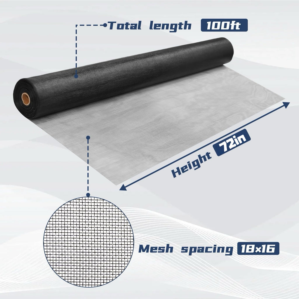 Fiberglass Screen Roll 72 in x 100 ft, Window Screen Replacement Bug Screen Mesh, DIY Insect Screening for Windows